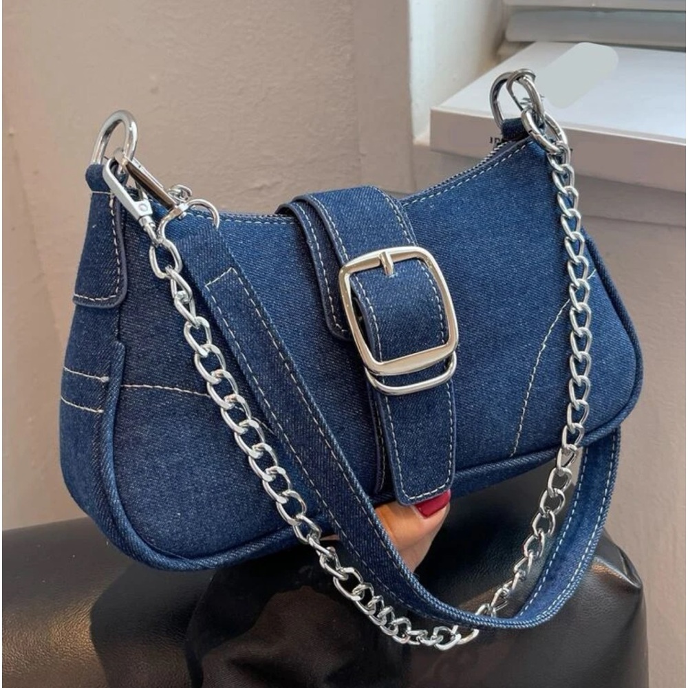 NEW Fashion Denim Baguette Buckle Shoulder Bag
